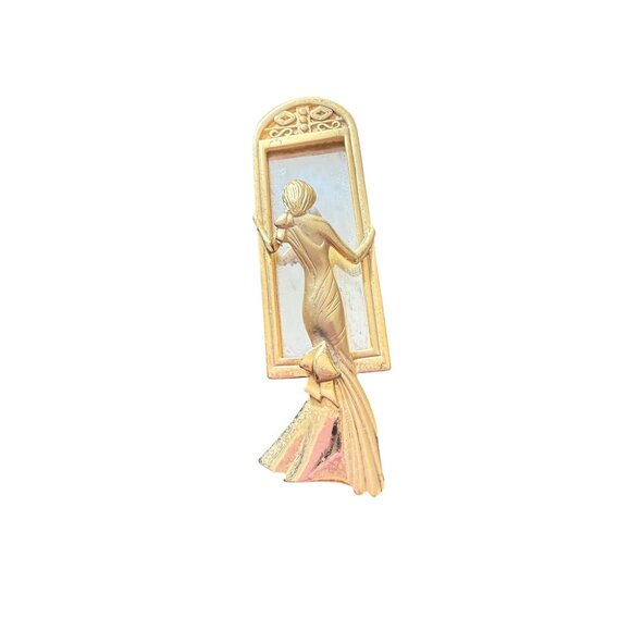 Vintage Gold-Tone Lady Figurine Brooch With Mirror By Cazic - Picture 1 of 5